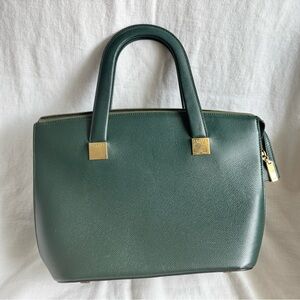 Vintage Celine Logo Plate Leather Tote Green Gold Hardware Authentic